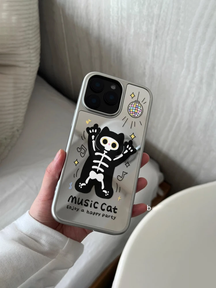 حافظة هاتف مرآة لهاتف آيفون 17 اير برو 16 15 بلس 14 13 12 11 برو ماكس حماية كاميرا مرفوعة غير لامعة للهياكل العظمية النسائية للذكور #3