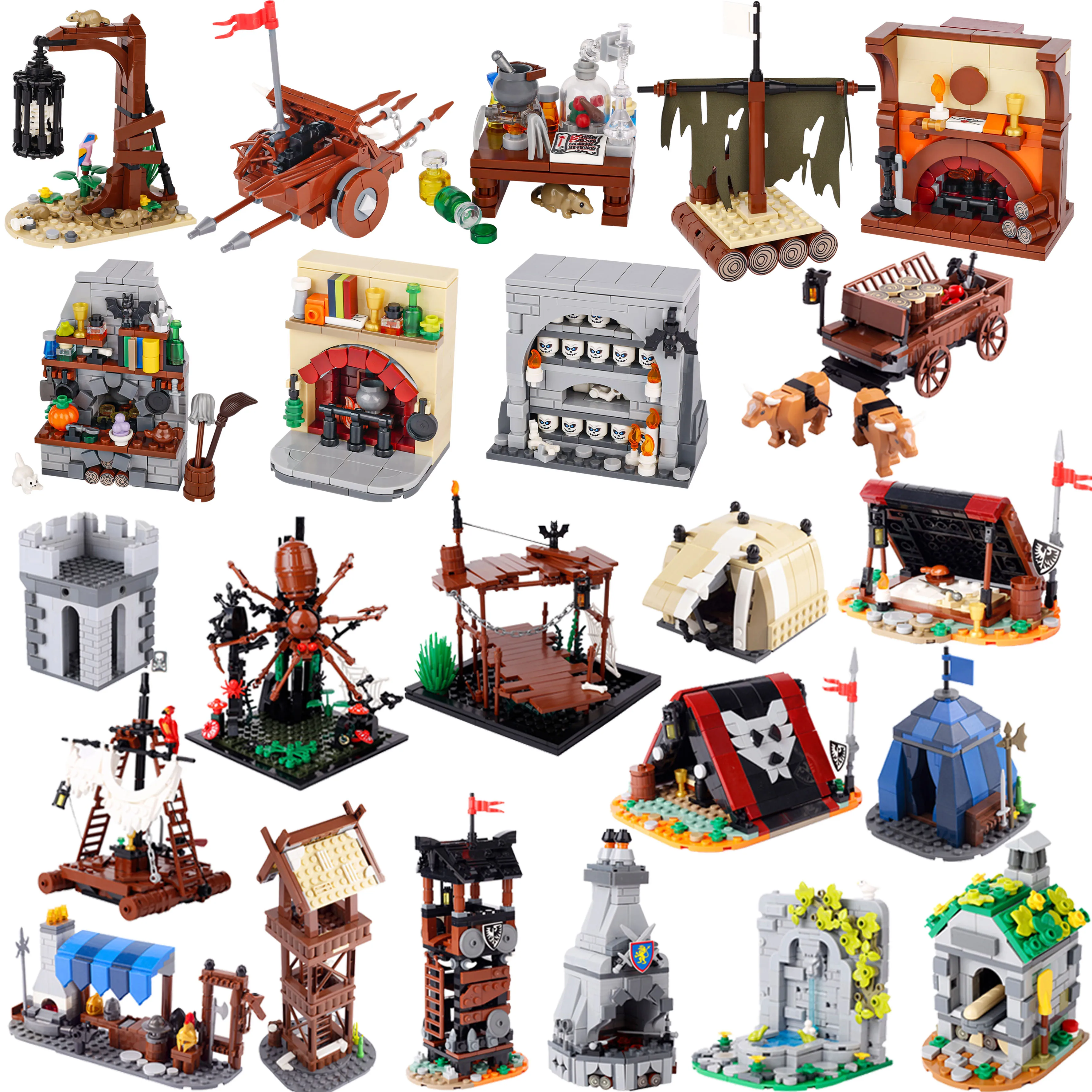 MOC Medieval DIY Building Block Set Wizard Bedroom Table Bar Furniture Kitchen Soldier Tent Carriage Sailboat Assembly Brick Toy