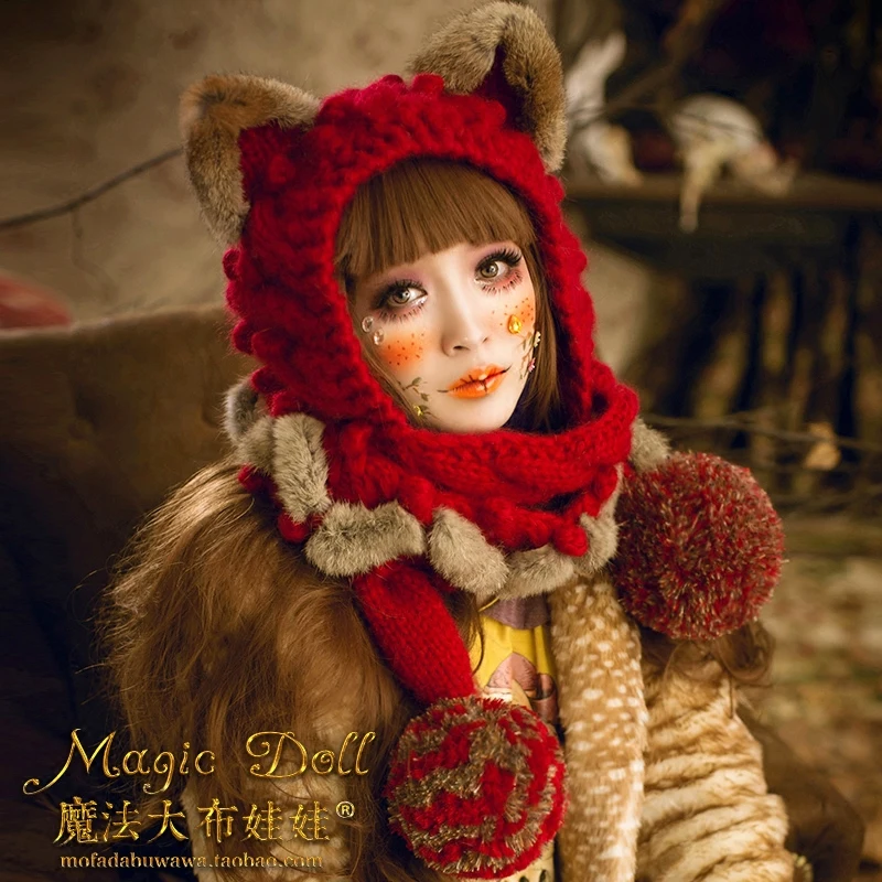 Boneka Musim Gugur dan Musim Dingin Telinga Kucing Manis Rambut Kelinci Lucu Merah Delima Topi Syal Wol Bola Mewah