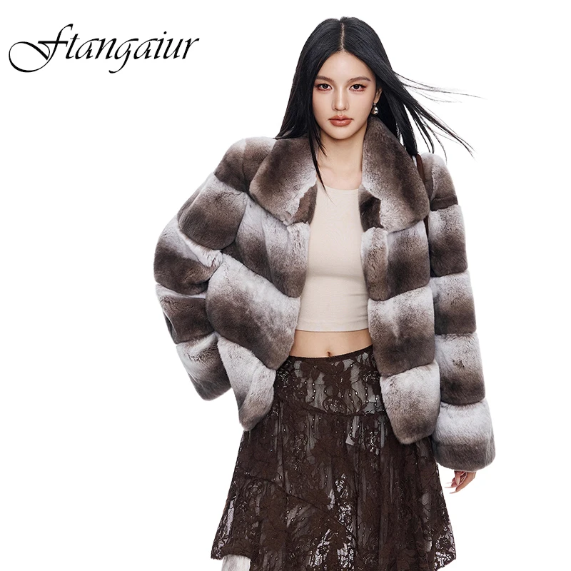 

Новая зимняя импортная шуба из меха кролика рекс с длинными рукавами, женская, с воротником-стойкой, в полоску, короткая, из натурального меха кролика рекс