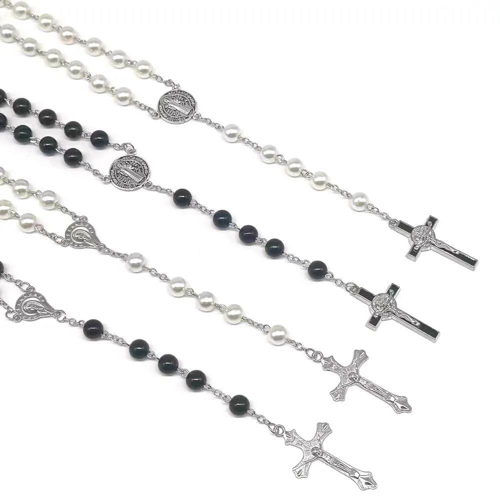 Black and white round bead prayer bead cross pendant necklace glass imitation pearl long sweater chain for UNISEX