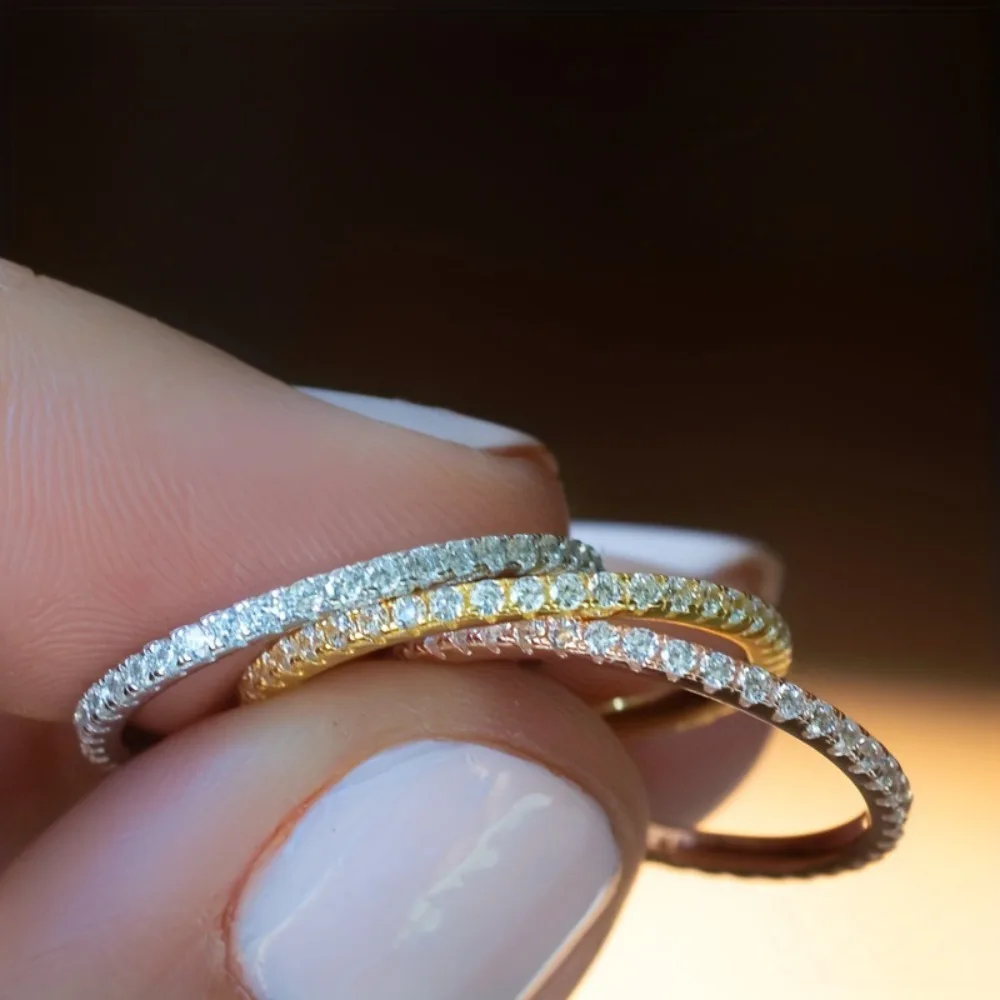 3 Tone Stackable Eternity Ring Set, Gold Silver Rose Gold Full Paved Cubic Zirconia Half Eternity Band Stacking Rings for Women