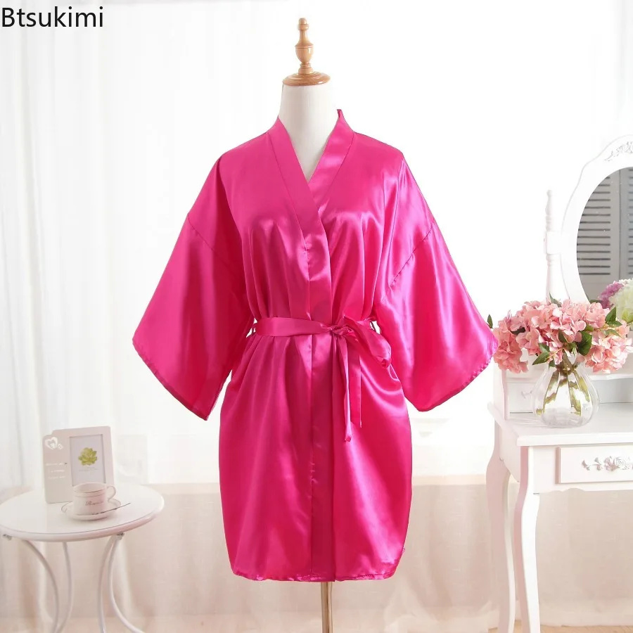 

New Women's Summer Silk Solid Color Sleepwear Wedding Party Team Bridal No Letter Robe Kimono Satin Pajamas Bridesmaids Bathrobe