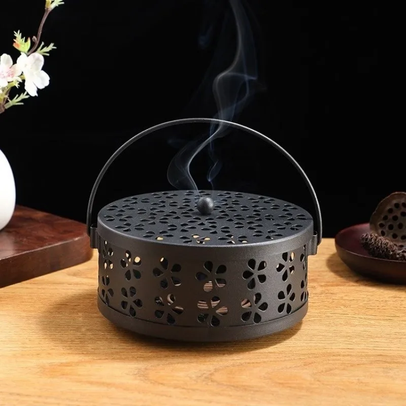 Lot de 3 plateaux métalliques pour spirales anti-moustiques, motif floral ajouré avec couvercle et poignée, pour la maison, la cour, l'extérieur et le camping