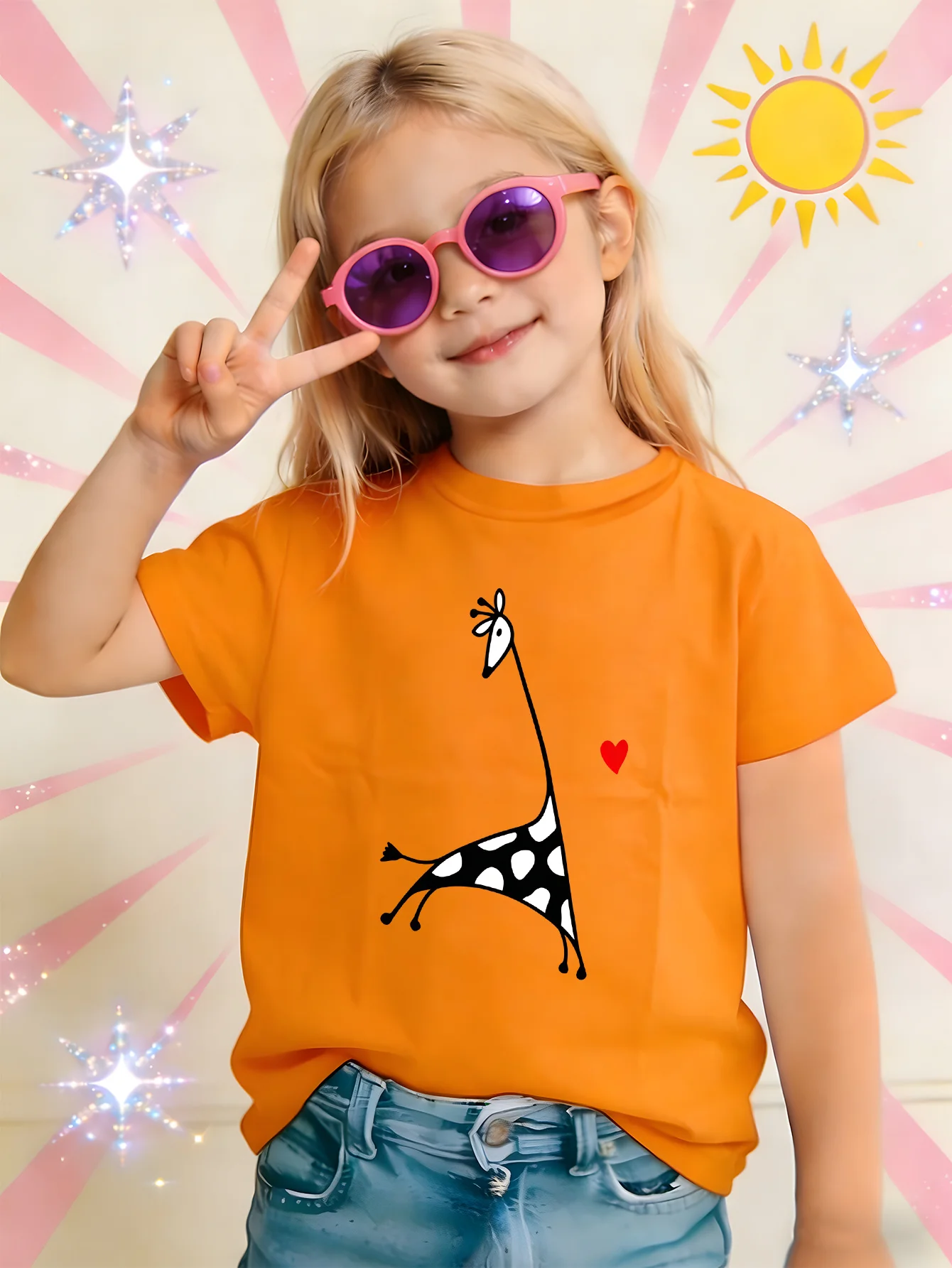 Cute Minimalist Giraffe Red Heart Animal Print Family Matching T Shirt Boys Girls Soft Summer Short Sleeve Tees Child Daily Tops