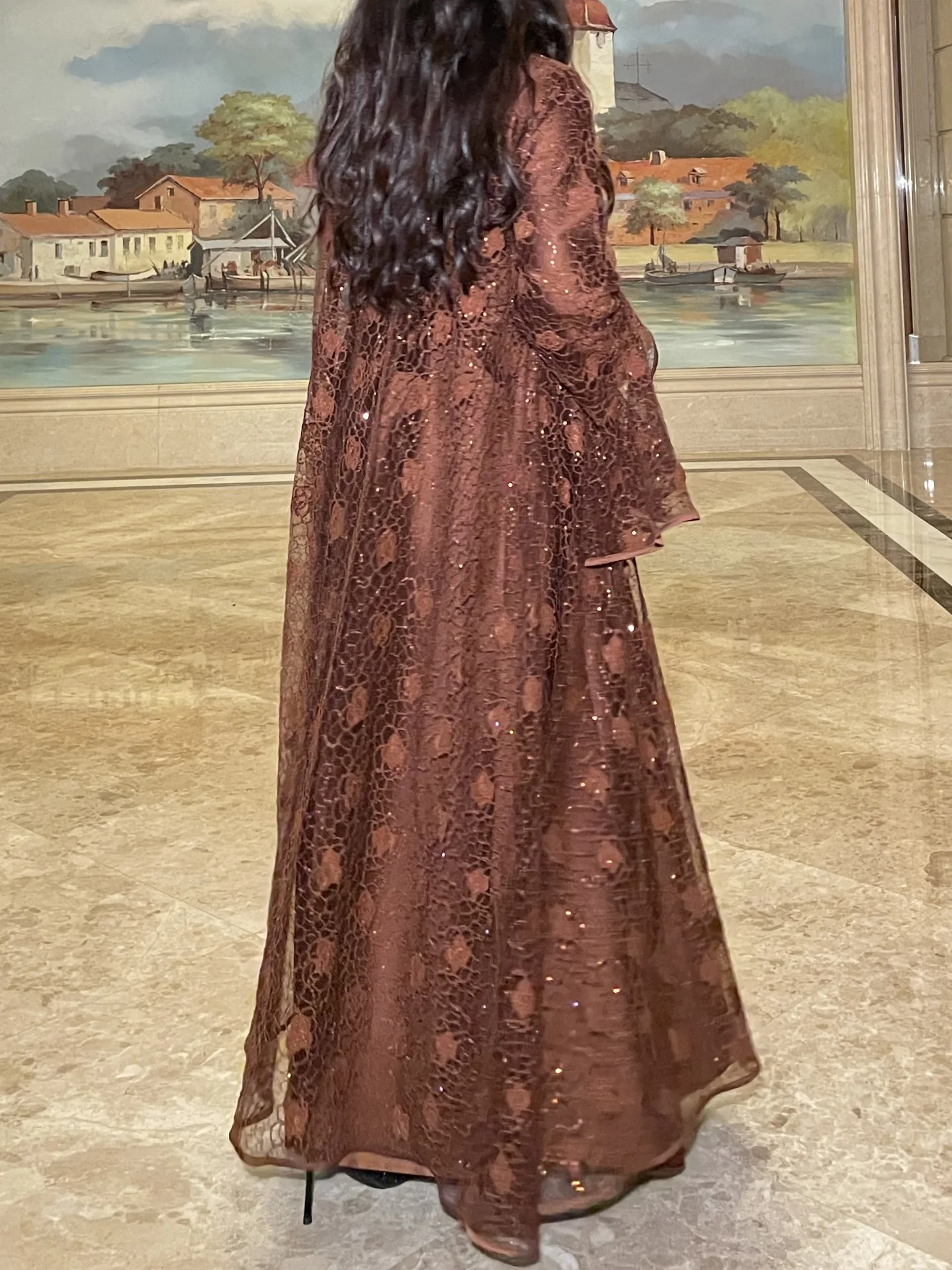 Abito Abaya da donna musulmana Set da 2 pezzi Manica svasata Pizzo con paillettes Raso Abito caftano marocchino Musulman Ensembles Abiti da cadigan