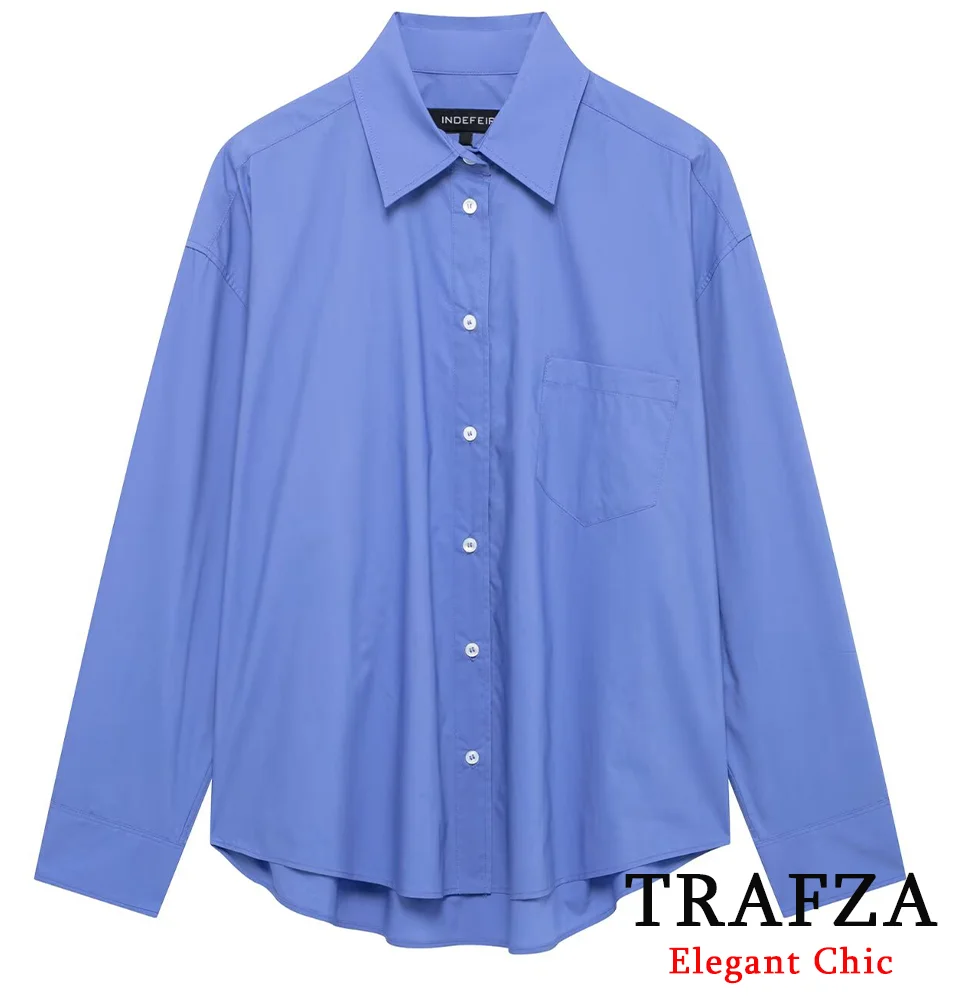 

TRAFZA Women Relaxed Poplin Shirt Blue Lapel Buttons Shirt New 2025 Spring Summer Fashion Casual High Street Loose Shirt