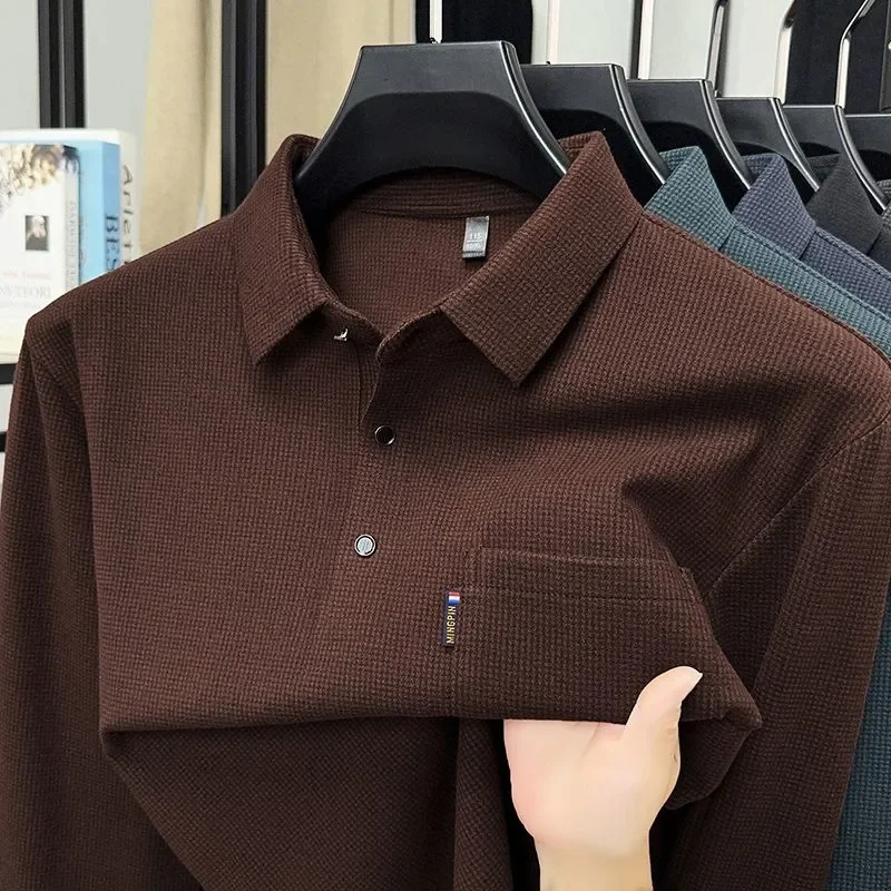 Autumn and Winter German Velvet Long-sleeved T-shirt Men's Casual Lapel Top Pocket Double-sided Velvet POLO Shirt