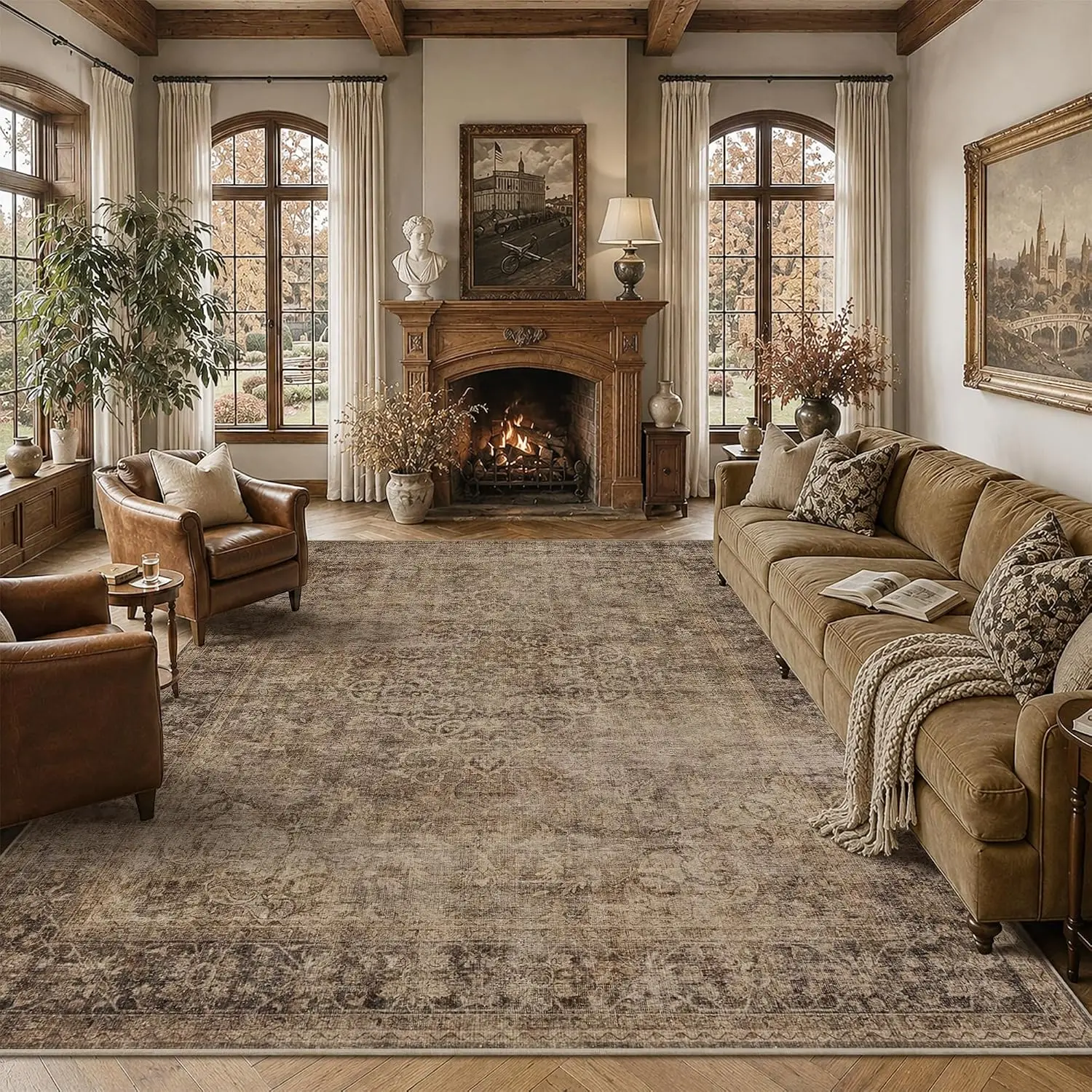 Extra Large Brown Distressed Vintage Area Rug Washable Non Slip Low Pile Carpet for Under Dining Table Large Space Home Decor