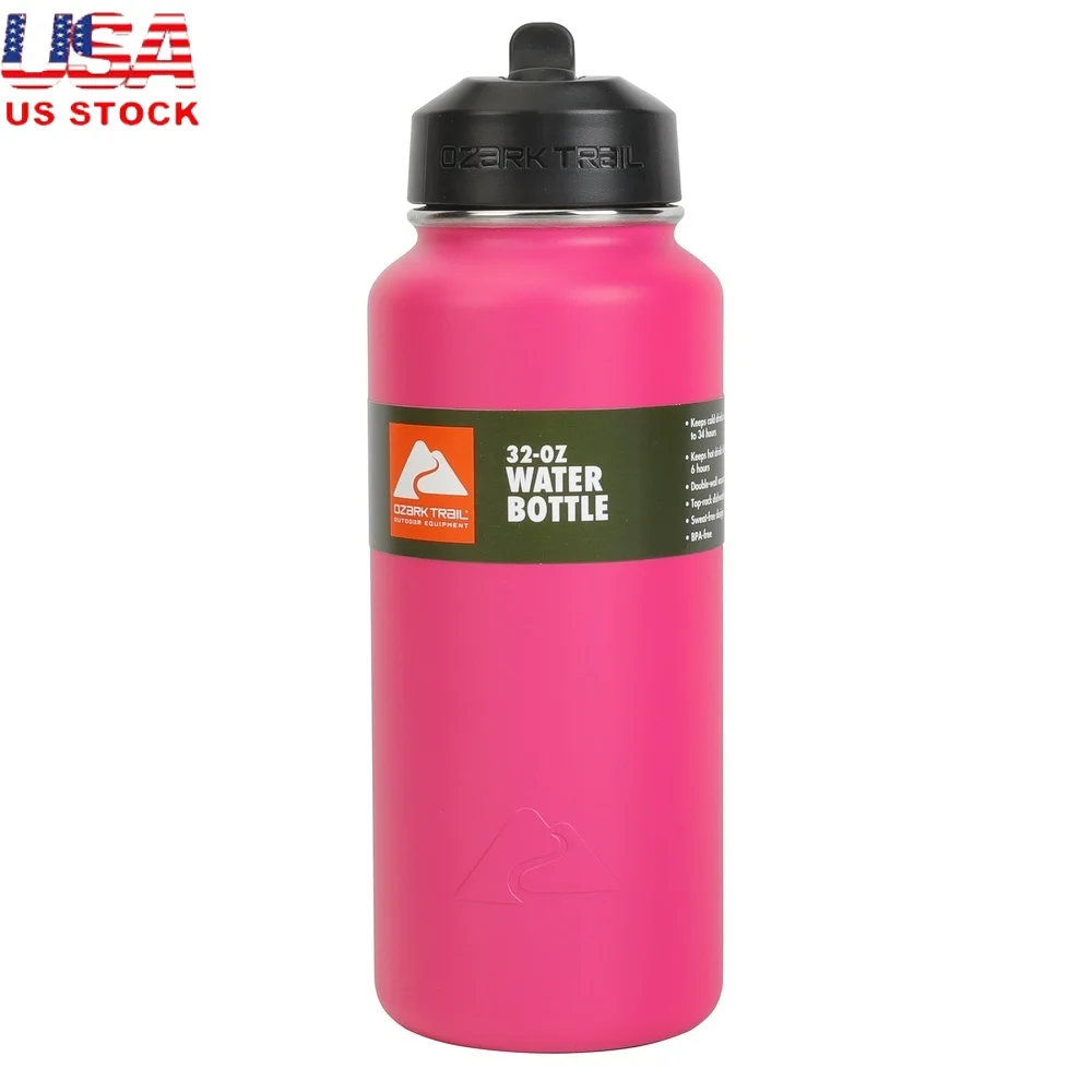 زجاجة مياه معزولة من الفولاذ المقاوم للصدأ سعة 32 أونصة، غطاء واسع للفم، مقبض حمل خالٍ من مادة BPA، وردي ساخن