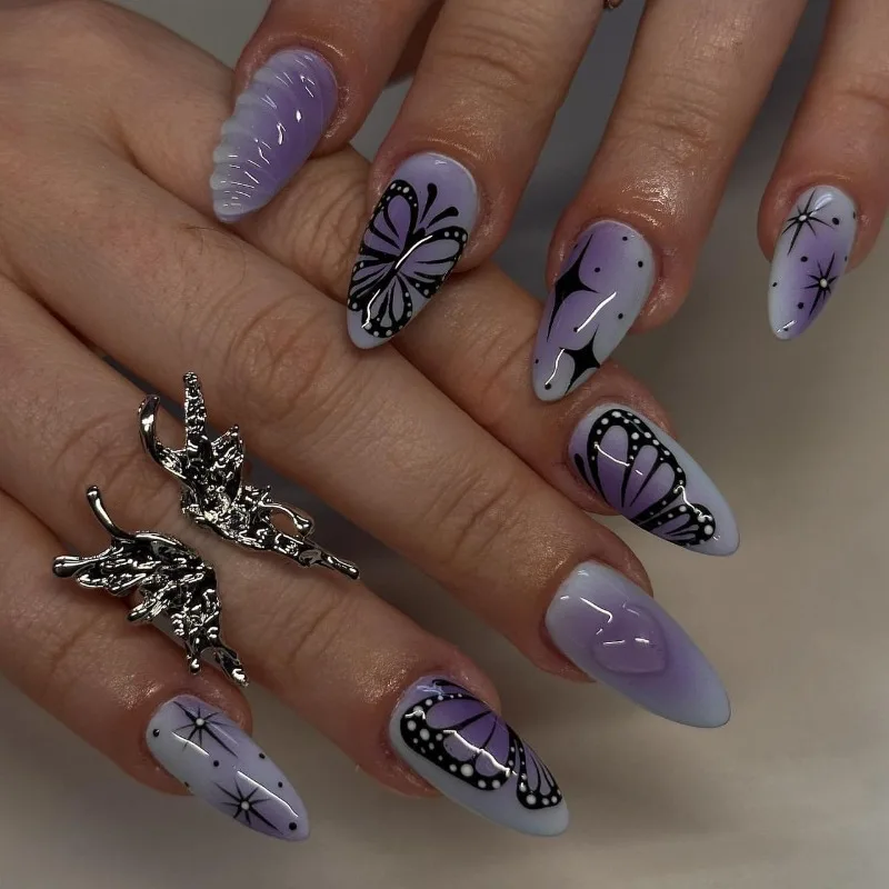 

24Pcs Fake Nails Purple Gradient 3D Heart Design Short Almond Shape Accent Press-On Nail Tips Perfect Gift for Girls and Friends