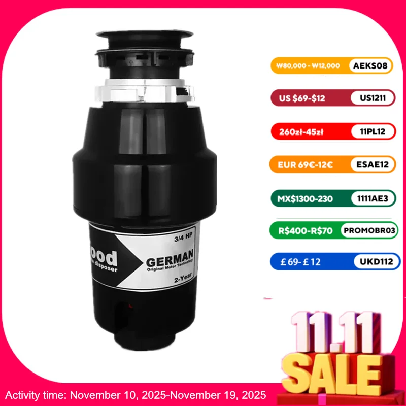 

850W motor garbage processor disposal Crusher 3/4HP Continuous Feed Food Waste Disposer Stainless steel Grinder Air Switch