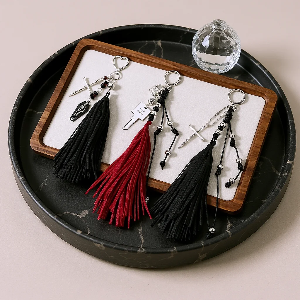 Leather Tassel Key Chain Dark Skeleton Key Chain Bag Charm Key Chain Adjustable For Daily Use Tote Bags Door Keys