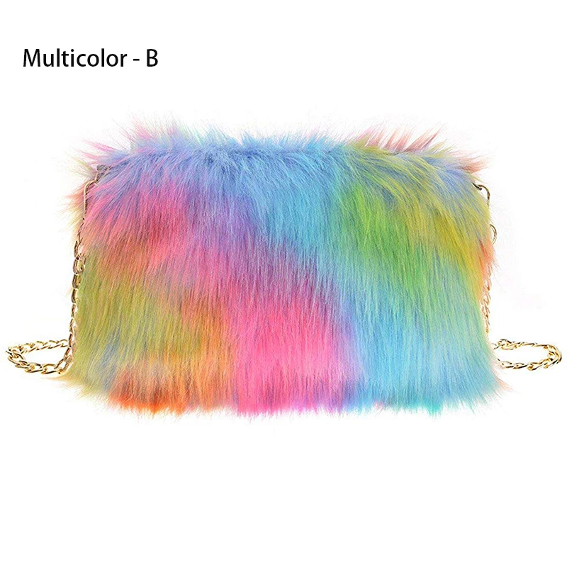 Faux Fox Fur Purse Fuzzy Handbags for Women Evening Handbags Al alloy Shoulder Strap Shoulder Bags Rainbow Colors