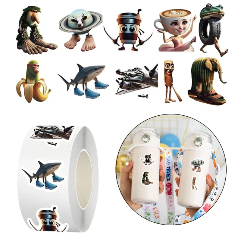 500 uds/rollo de pegatinas Tralalero Tralala Tungtung Sahur Brainrot Kawaii taza de agua cuaderno papelería sellado DIY decoración regalo