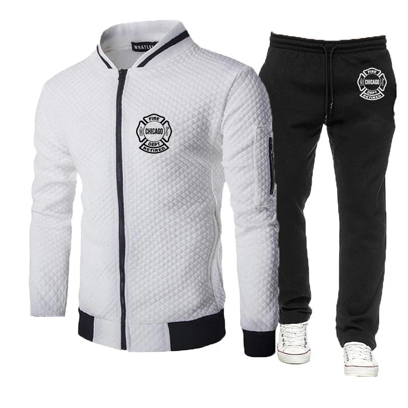

2025 Spring Autumn Chicago Fire Department Show Tv Rescue Print Sports Slim Fit Sets Men's Crewneck Jacket Coat+Sweatpants Suits