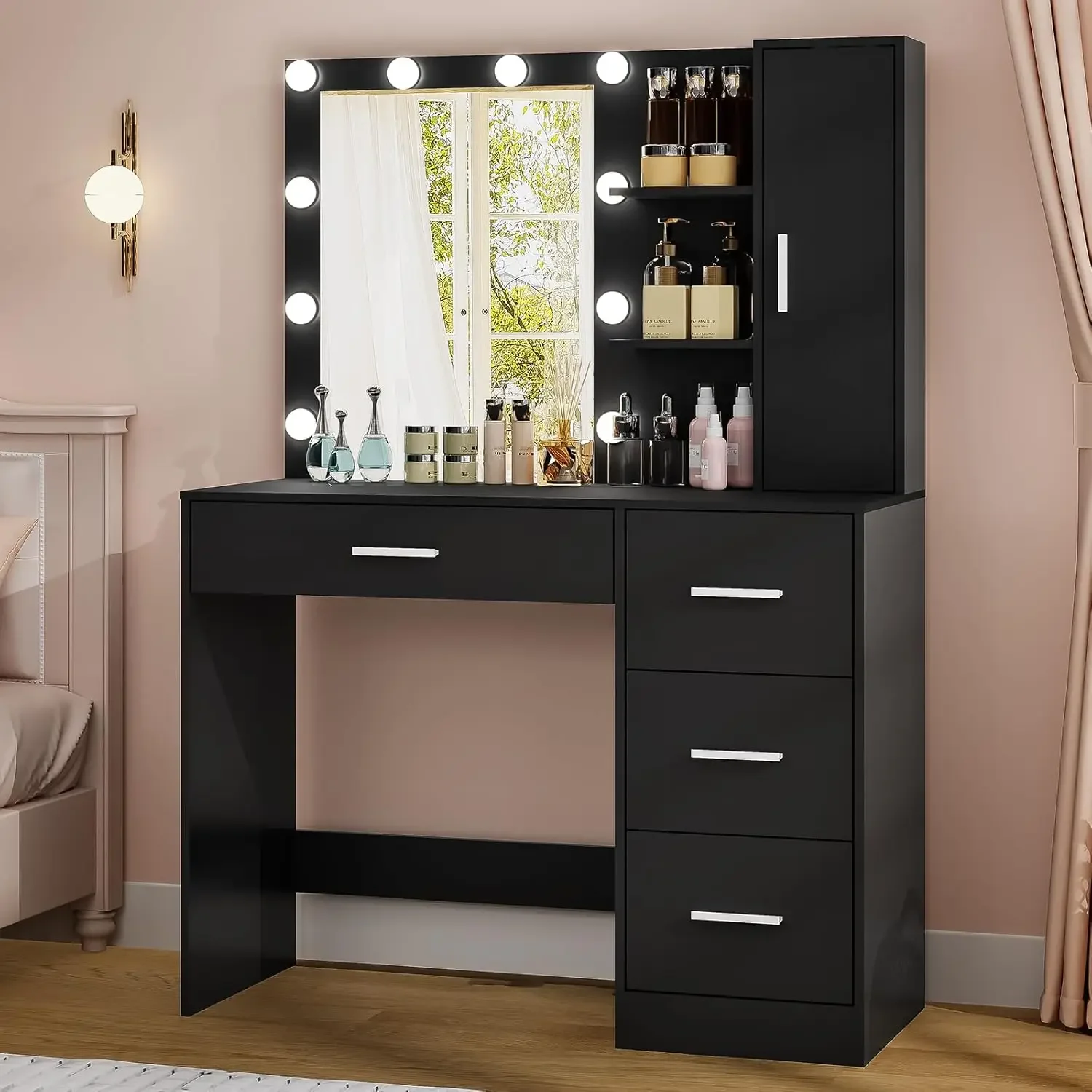 Vanity Desk with Mirror and 10 LED Lights,Vanity Table Set with 4 Drawers,Cabinet & 4 Necklace Hooks, Dressing Table for Bedroom