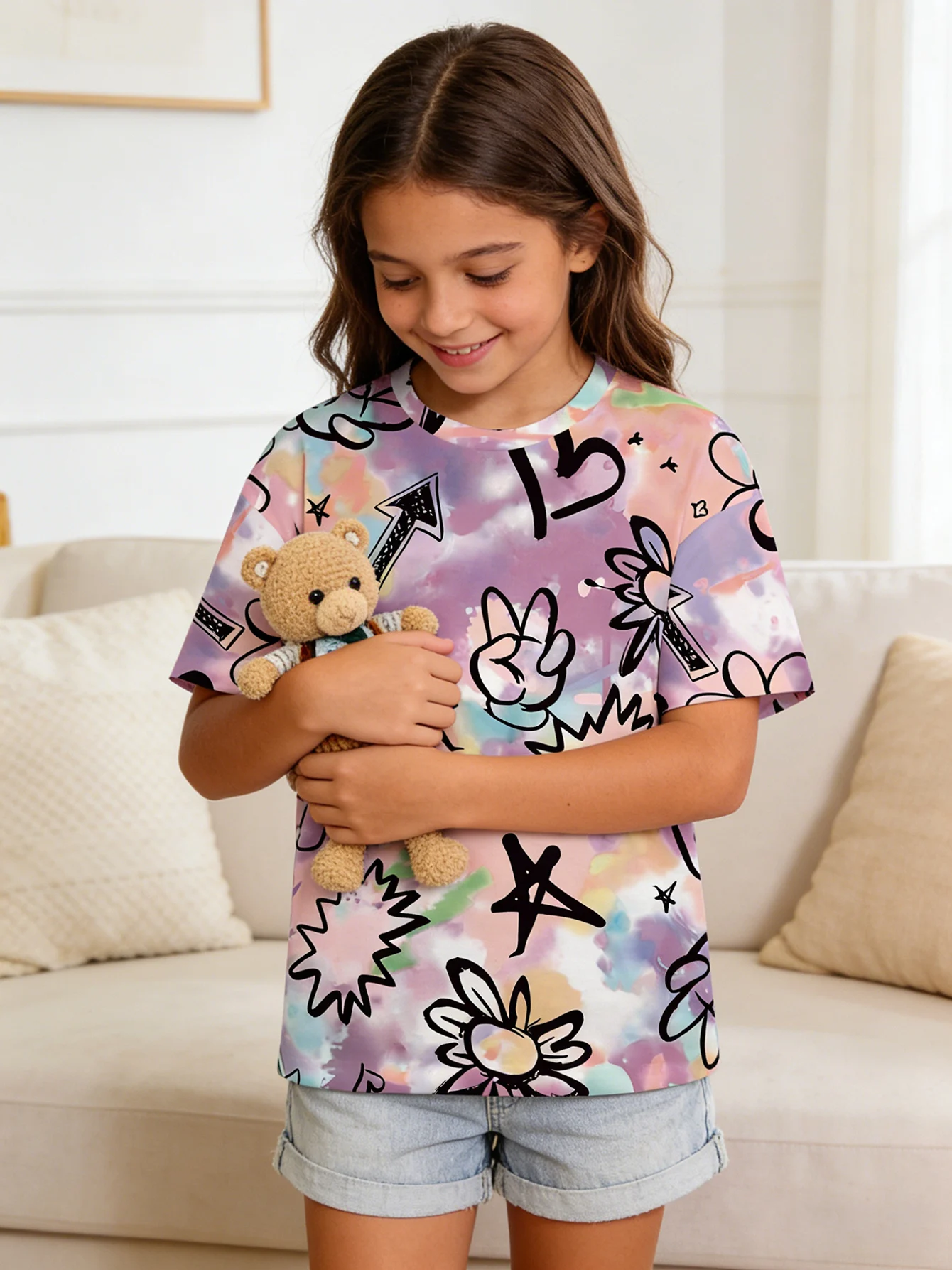 2026 Girls pink and purple colorful tie-dye graffiti style full print short-sleeved T-shirt, casual top