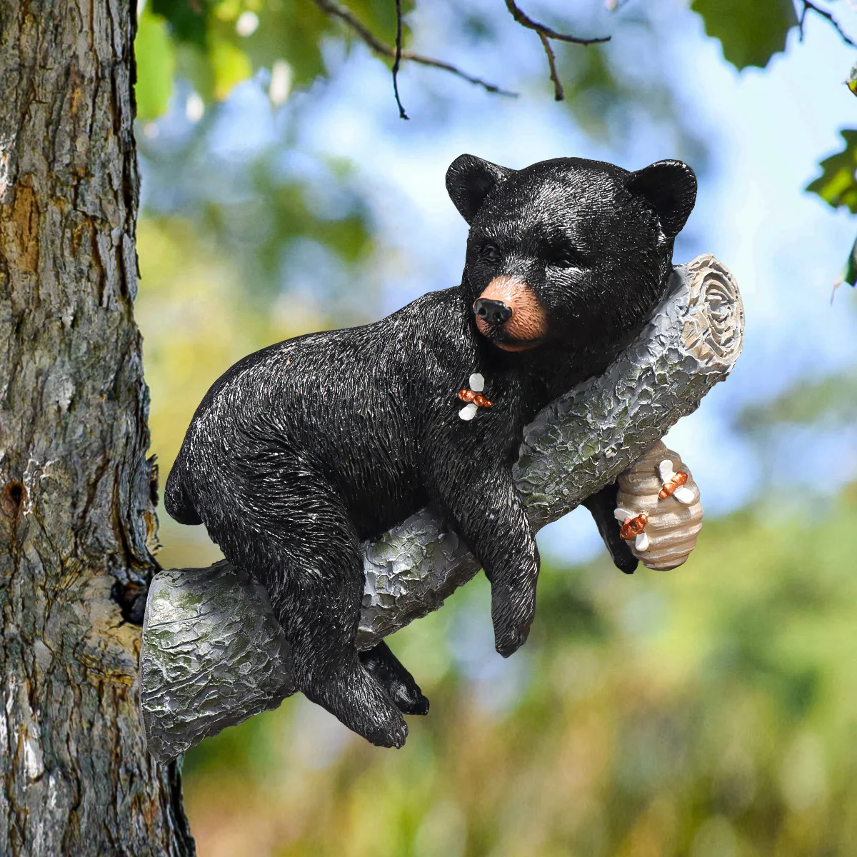 Whimsical Black Bear Cub Tree Hanging Decor, Resin Bear on Branch Figurine, Outdoor Garden Yard Patio Home Art Ornament
