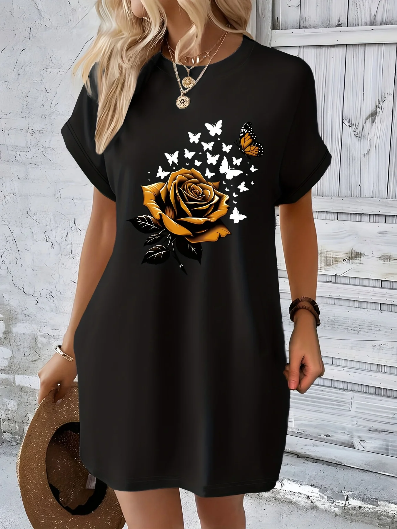 Plus Size Women's Casual Floral Butterfly Print T-Shirt Dress Short Sleeve Round Neck Black with Golden Rose Design Summer Dress