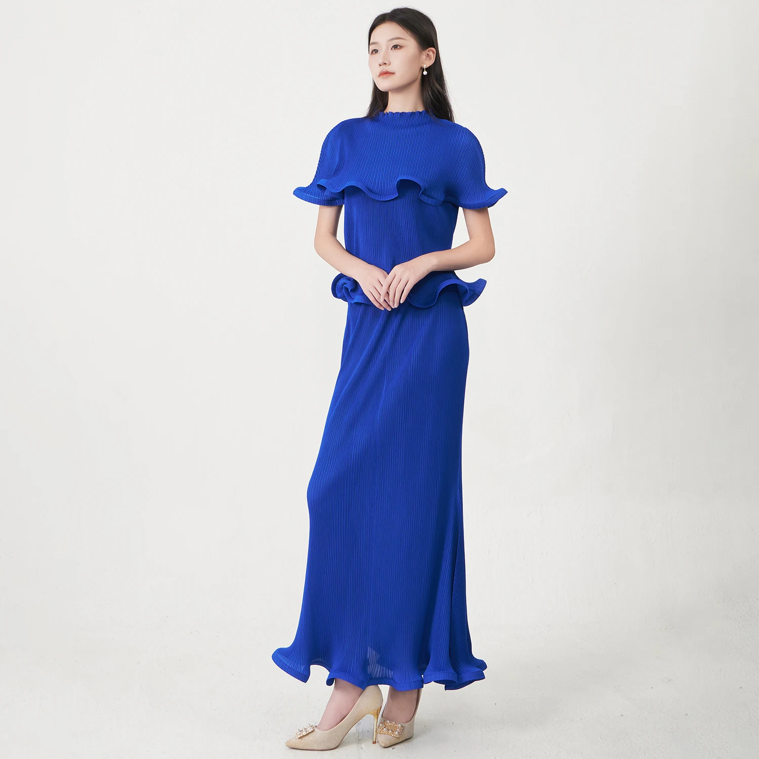 2025 Latest Miyake Pleated Set High Quality Design Ruffled Top and Skirt Two-piece Sets Women's Elegant Dress Evening Gown