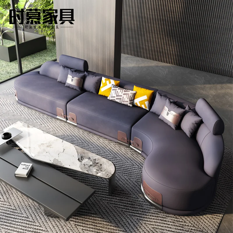 Italian light luxury leather sofa head layer cowhide simple modern arc designer sofa living room large apartment combination