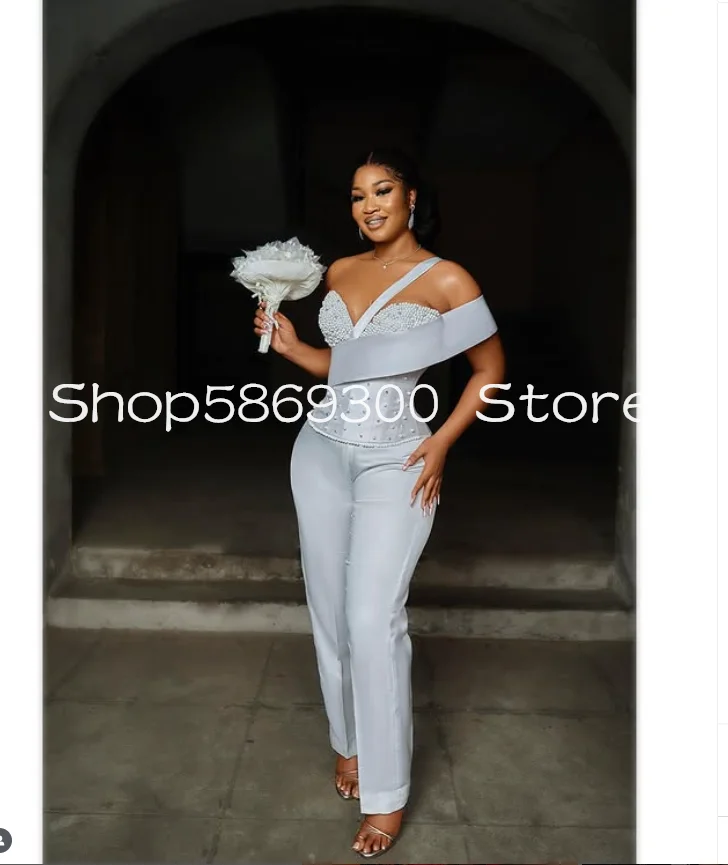 Beach Garden Jumpsuit Wedding Dresses Sweetheart Boning Top Pearls Beaded Aso Ebi Bride Gown Outfit Pant Suit Customsized