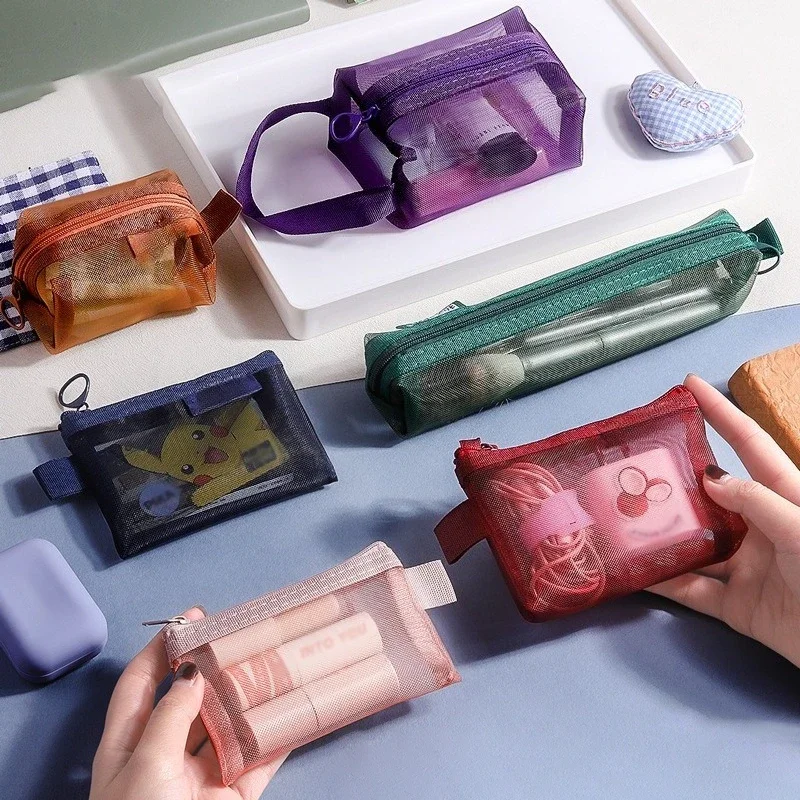 1PC Portable Mini Zipper Mesh  Bag New Coin Purse Small Square Mesh Coin Purse Travel  Carry Pouch with Zippered Nylon pouch