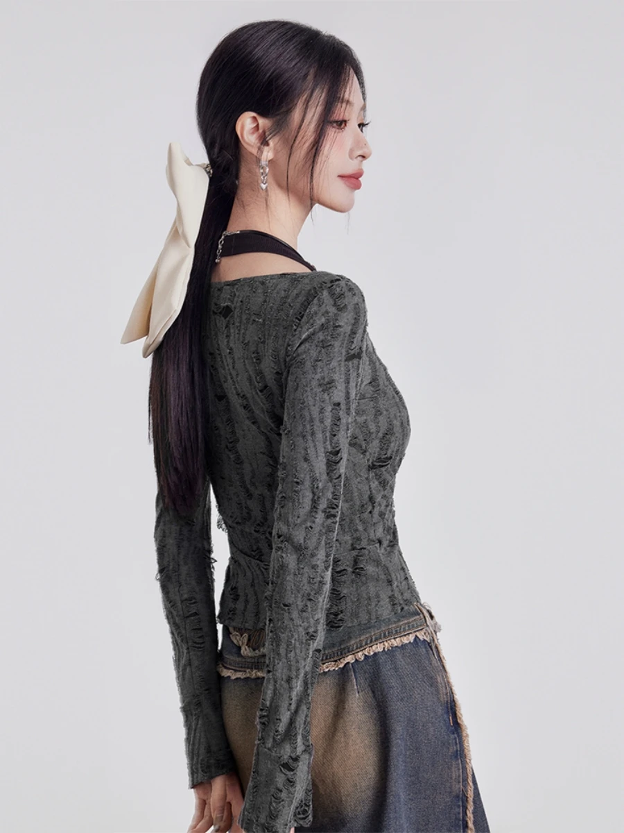 

American Retro Long Sve T-irt Women's Spring Summer Slim Fit Ne Hanging Belt k Girl Desert Sle Top Ins ort S...