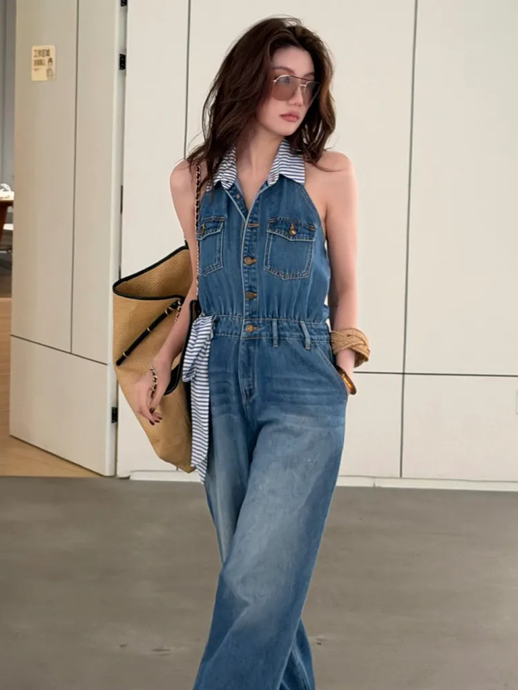 Fashion Women Striped Lapel Collar Sleeveless One Piece Jumpsuit Designer Slim Waist Wide Leg Denim Pants Summer Vintage Rompers