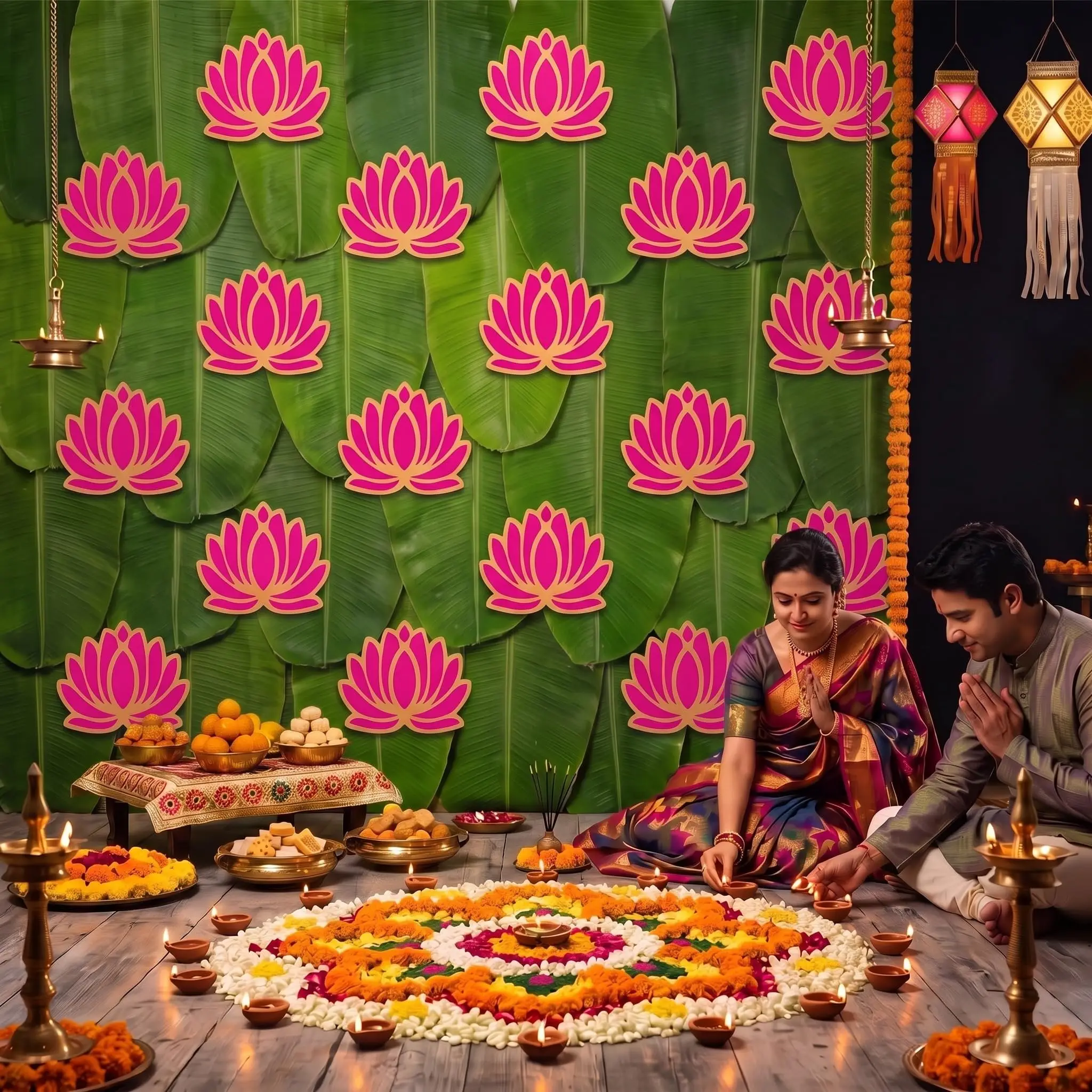 Rosa-goldene Lotus-Papierdekoration für die Wand, Diwali-Hindu-Puja-Hintergrund-Ornament, Dekorationszubehör für indische Festivals und Partys – Detail 1