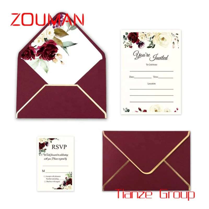 Custom , Red flower elegant wedding invitation card set with envelope customize available