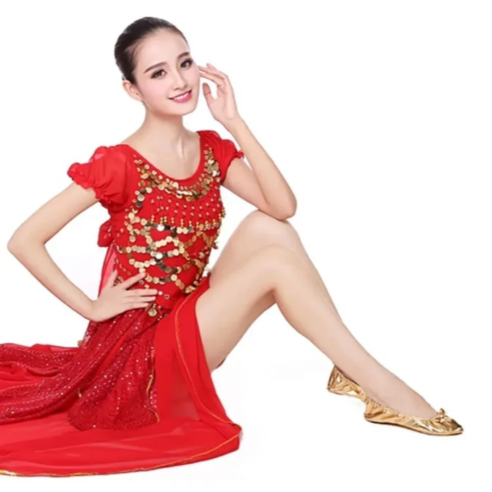 Professional Bowknot Belly Dancing Shoes Golden Leather Indian Dance Shoes Soft Foldable Foldable Ballet Flats Ladies
