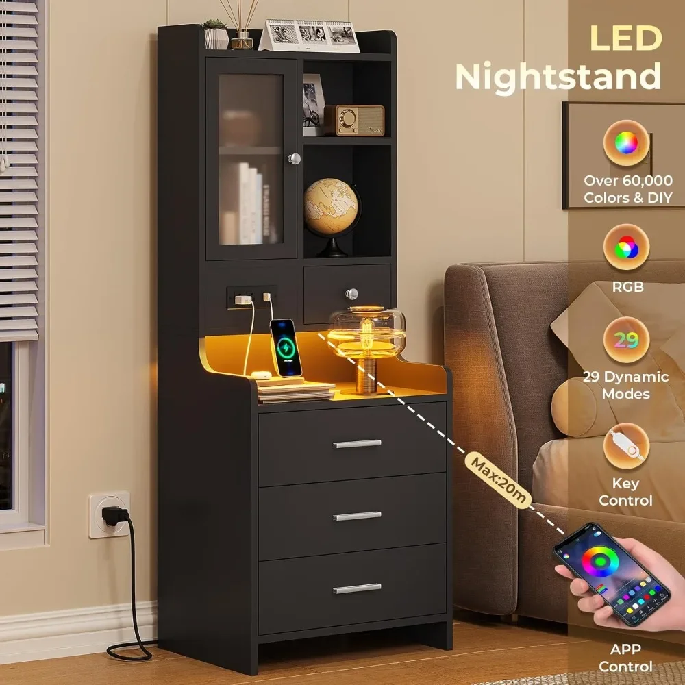 Black Night Stand   with Charging Station,49.2" LED Nightstand for Bedroom,Tall Bedside Table with Bookshelf and Drawers image 4