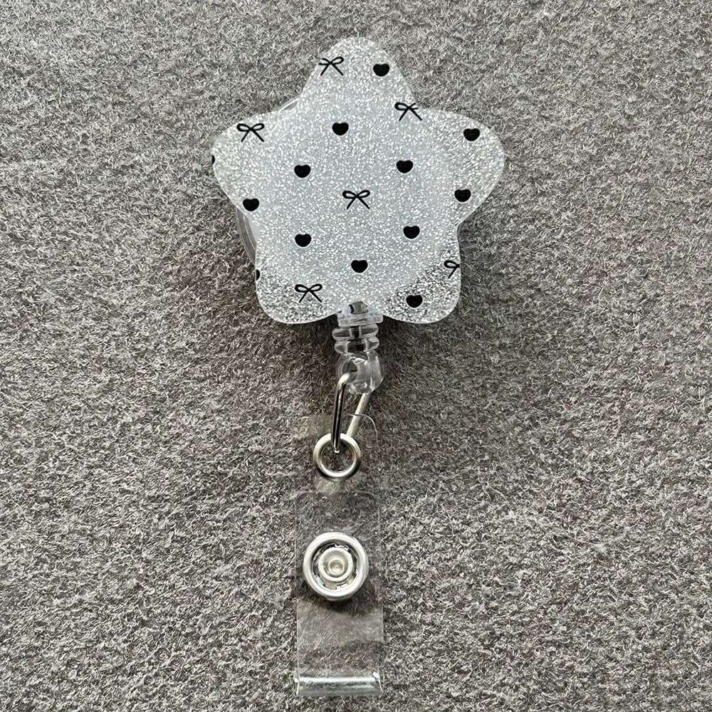 Cute Star Shape Retractable Badge Reel Heart Bow Print Glitter ID Badge Holder Clip Name Card Badge Reel Nurse Doctor Student