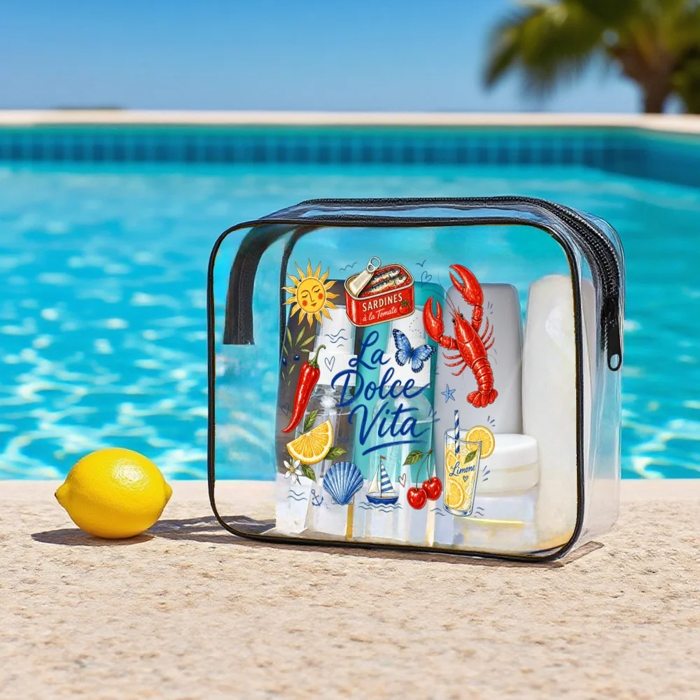 Travel Makeup Cases La Vita Sardines Lobster Lemon Clear Pvc Zipper Pouch Italian Coastal Retro Summer Style Cosmetic Bag