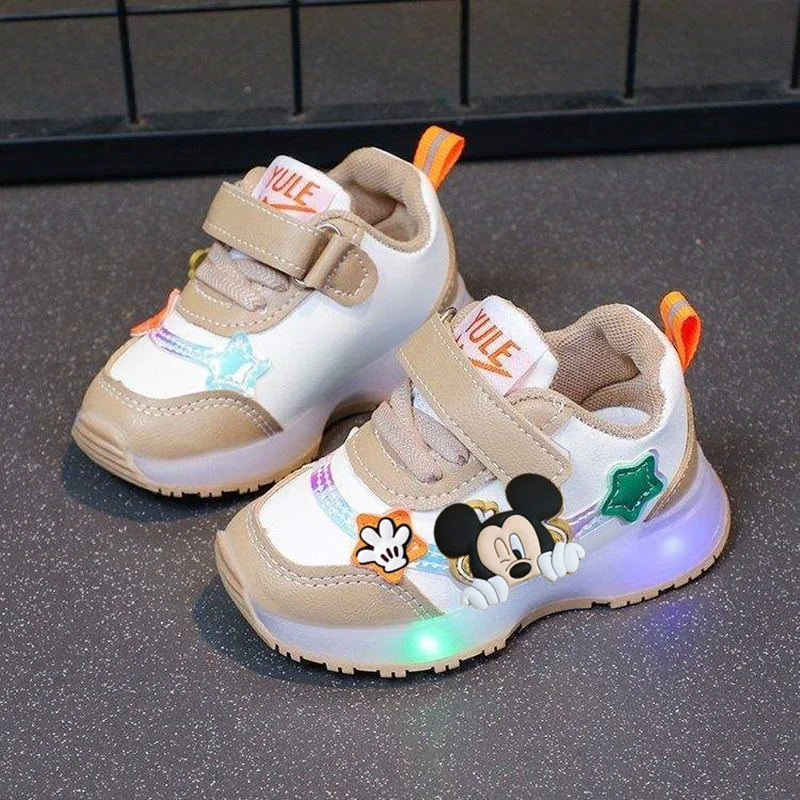 

Disney kids first walkers lights up Mickey mouse new pu girls sneakers spring and fall glow soft-soled baby boys casual shoes