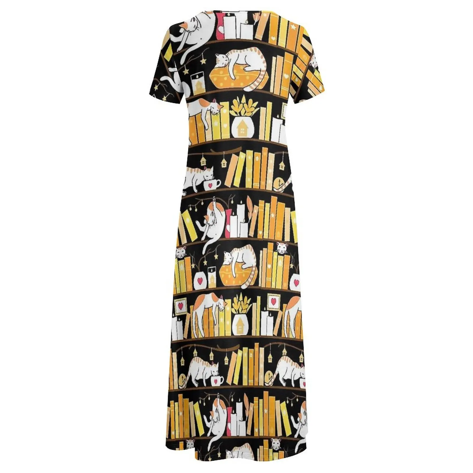 Biblioteca gato vestido dourado sol festa maxi vestido feminino manga curta estética boho praia vestidos longos tamanho grande 6xl 7xl