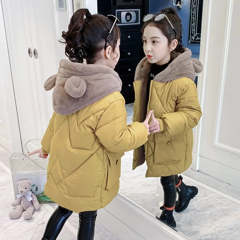 Winter Thicken Girls Jacket New Fashion Keep Warm Long Parkas Cute Bear Hooded Outerwear Birthday Gifts 4-12 Years Kids Clothes