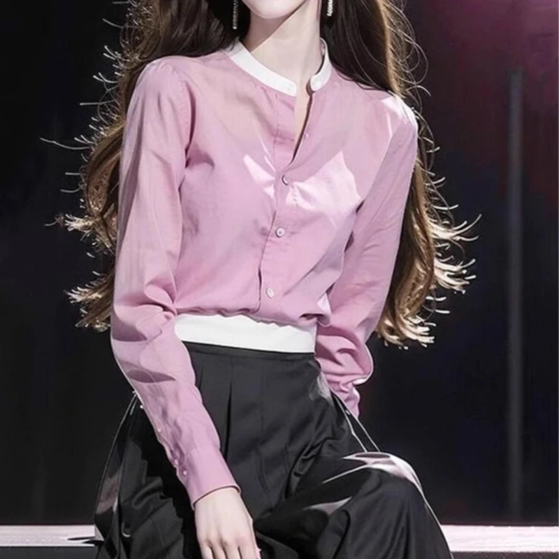 

Sweet Contrast Patchwork Youth Shirt Tops Long Sleeve Solid All-match Temperament Blouse Fashion Elegant Spring Women Clothing