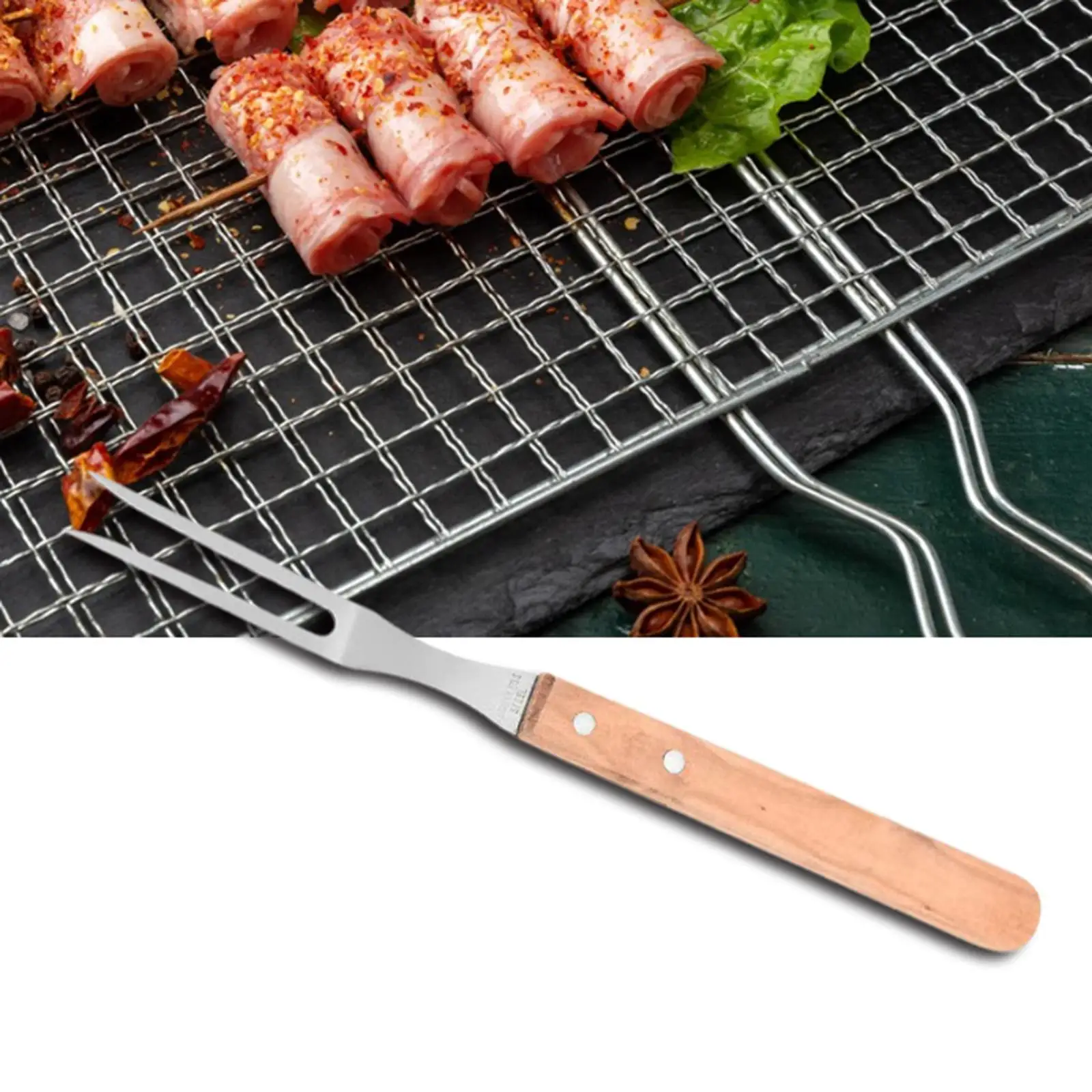 

E2 Stainless Steel Pot Fork with Wood Handle 12.8inch Steak Fork Meat Fork BBQ Fork Grilling Barbecue Teriyaki Roast BBQ Grill