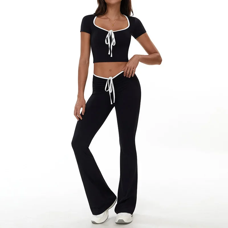 

2 Piece Sports Set Women Yoga Short Sleeves Top High Waist Leggings Running Outfit Gym Set Fitness Workout Clothes Sportswear