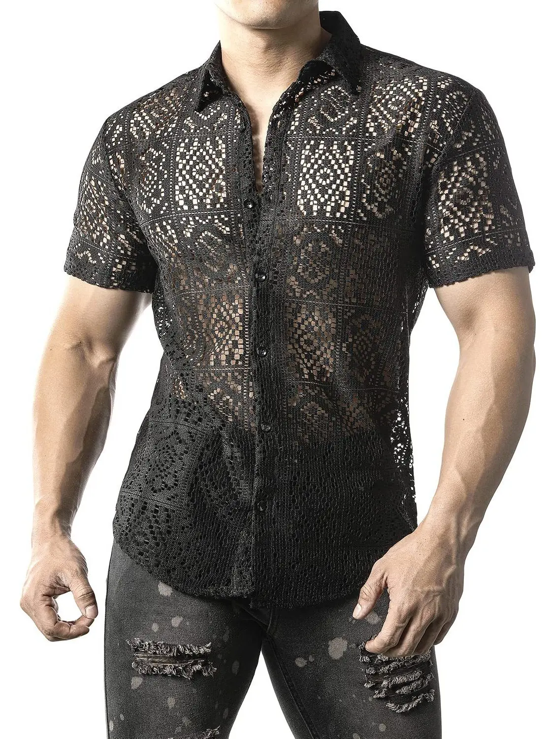 Men's Loose Casual Lace Short Sleeve T-Shirt Shirt Comfortable Polyester Summer Fashion Open Cardigan Style Male Fashion