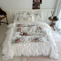 Ruffle patchwork 3Pcs Floral 100%cotton White Duvet Cover Set +2Pillowcases US/UK Super King size  Bedding Sets