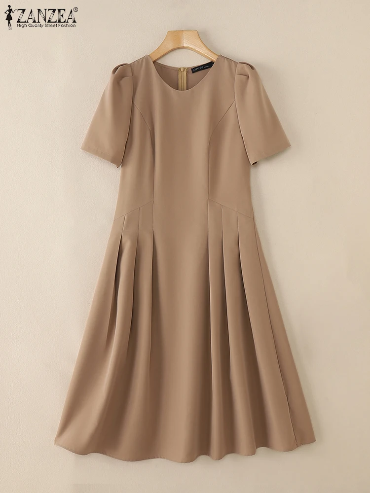 ZANZEA Women 2025 Fashion Robes Pleated Solid Color Streetwear O-Neck A-line Vestidos Short Puff Sleeve Elegant Midi Dresses