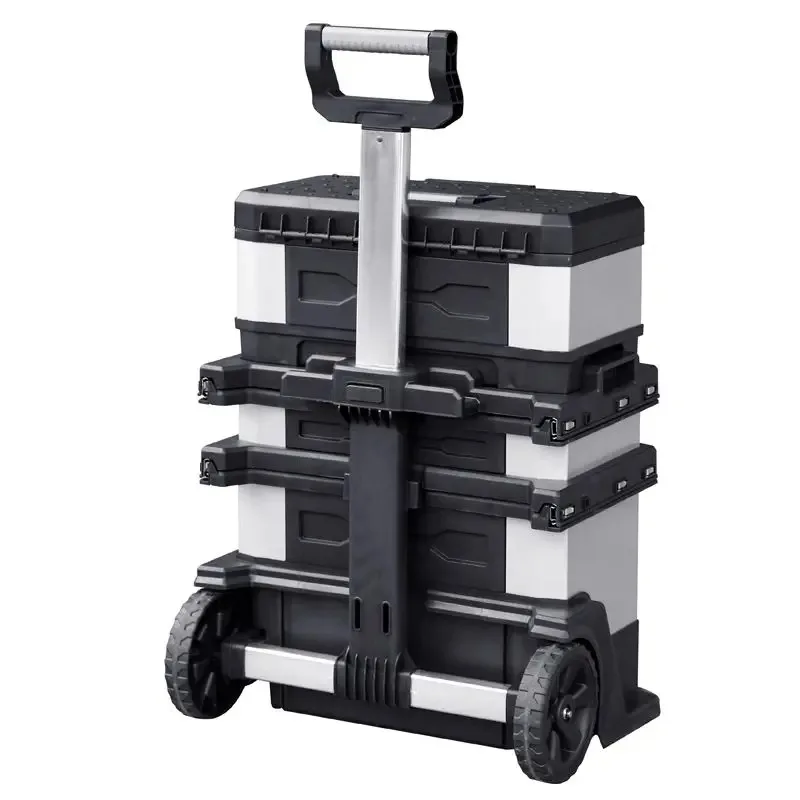 Multi functional movable pull rod toolbox, portable adjustable handheld rigid plastic toolbox with wheels