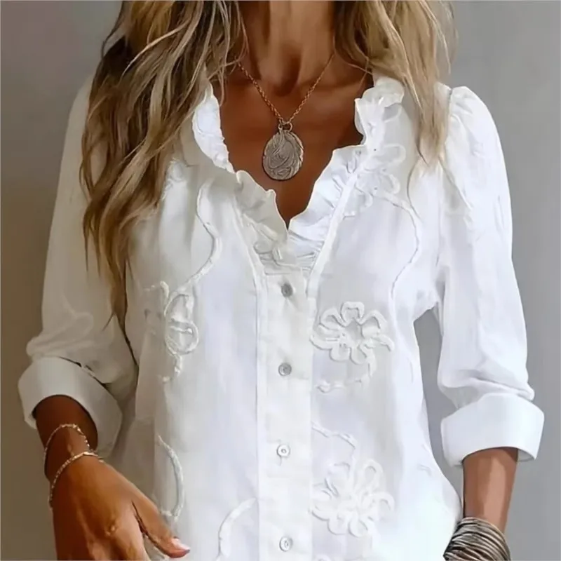 

Sweet Elegant Women Blouse 2026 Spring Summer Lace Embroidery Ruffled Patchwork Solid Color Tops White Office Holiday Party