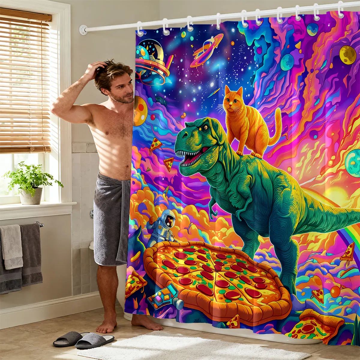 Trippy Space Dinosaur Cat Shower Curtain, Rainbow Galaxy Pizza Astronaut Print Waterproof Bath Curtain Cool Kids Bathroom Decor
