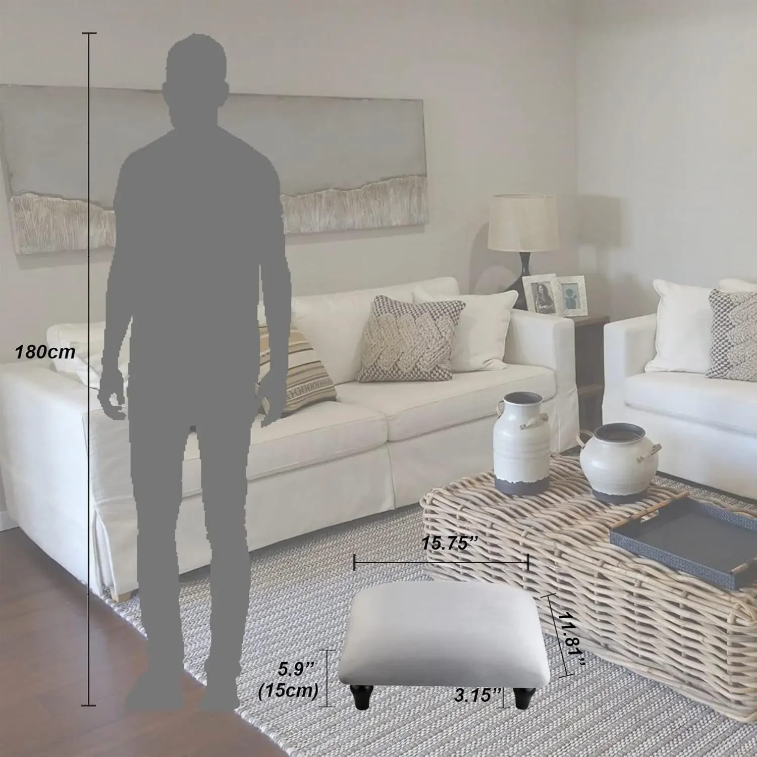 مقعد قدم صغير عثماني مع أرجل خشبية ثابتة، مسند قدم منجد، مقعد مبطن لراحة القدم