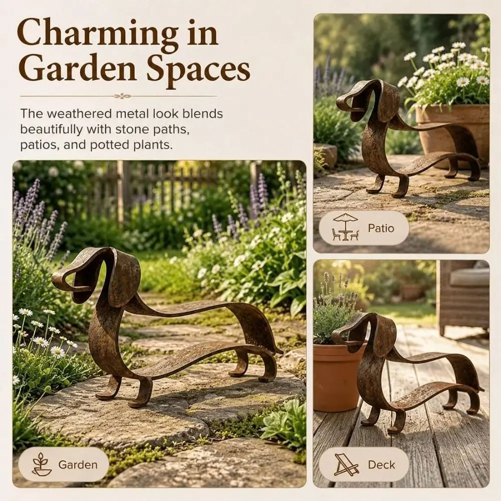 Metal Dog Sculpture Dachshund Statue Rustic Style Freestanding Sausage Dog Figurine Brown Metal Rusted Finish Yard Ornament